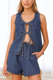 Solid Color Sleeveless Tie Top and Elastic Waist Loose Pocket Denim Shorts Set