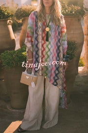 Sun Washed Knit Colorful Zigzag Pattern Asymmetric Hem Loose Cover-ups Kaftan