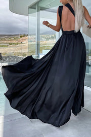 Different Elegant Effects Satin Free Tie Neck Slit Maxi Dress