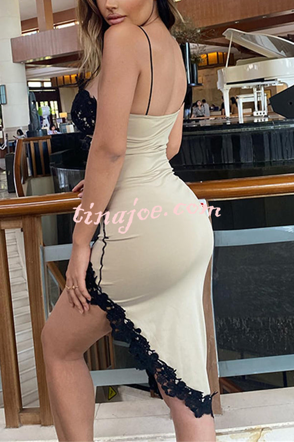 Sexy Lace Paneled Deep V Suspender Slim Midi Dress