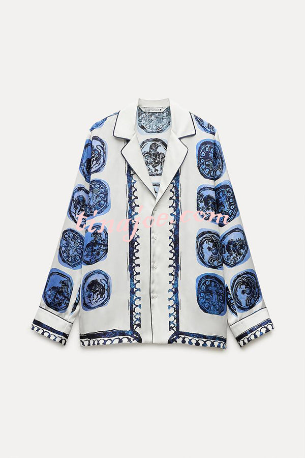 Unique Print Lapel Long Sleeve Shirt and Elastic Waist Wide Leg Pants Set