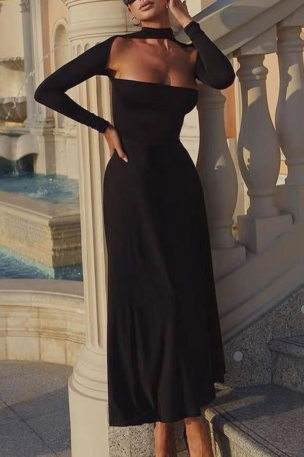 Solid Color Long Sleeve Sexy Slim Fit Full Hem Maxi Dress