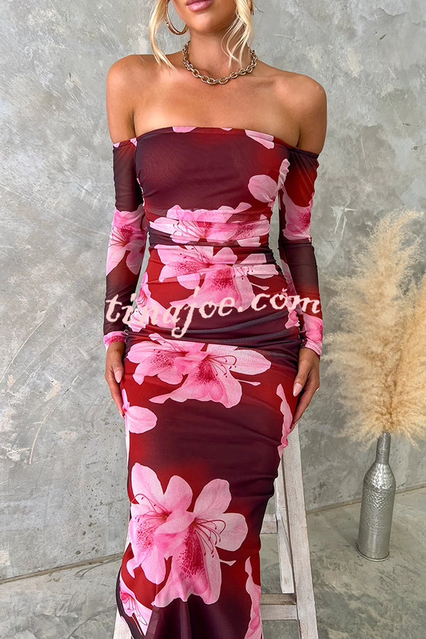 Floral Fantasy Mesh Off Shoulder Long Sleeve Stretch Maxi Dress