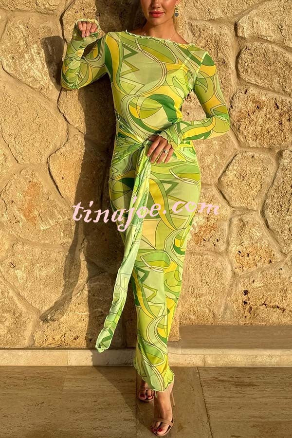 Nessie Mesh Unique Print Tie-up Waist Long Sleeve Stretch See-Through Maxi Dress