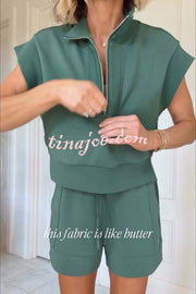 Buttery Touch Half-Zip Short Sleeve Sweatshirt and Elastic Waist Pocket Casual Shorts Set