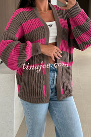 Fashionable Patchwork Striped Casual Pocket Knitted Sweater