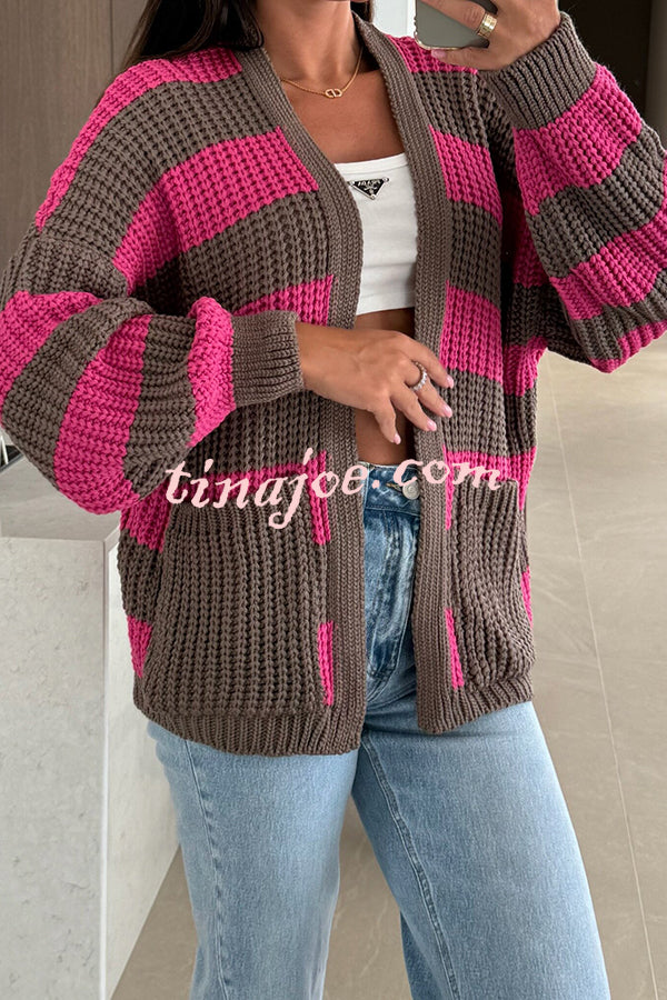 Fashionable Patchwork Striped Casual Pocket Knitted Sweater