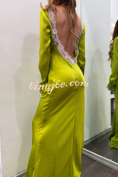 Mystic Moment Satin Lace Trim Long Sleeve Backless Maxi Dress
