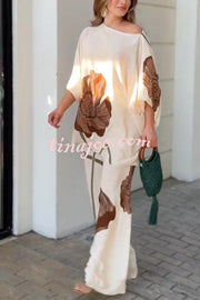 Floral Print Batwing Sleeves Loose-fitting Top and Relaxed Pocket Straight Pants Set