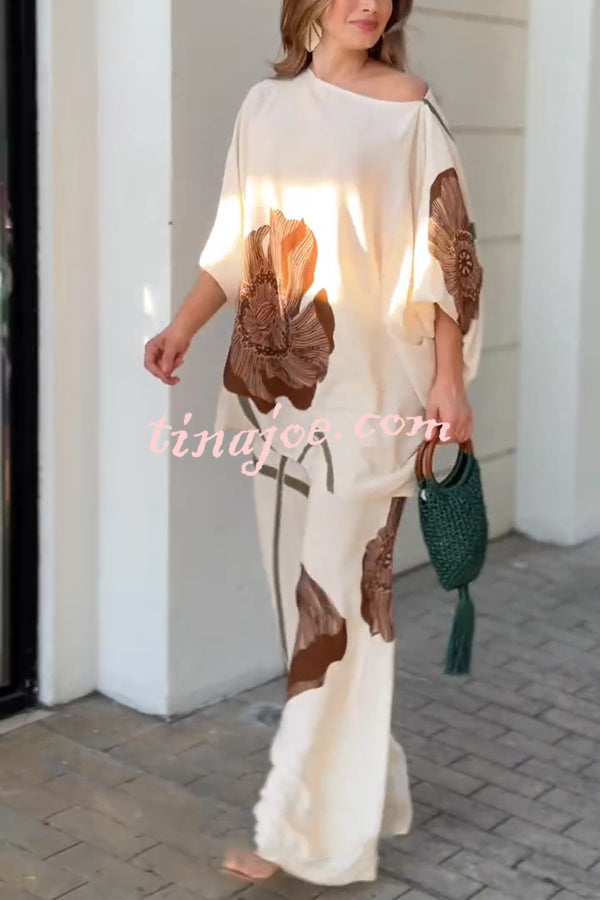 Floral Print Batwing Sleeves Loose-fitting Top and Relaxed Pocket Straight Pants Set