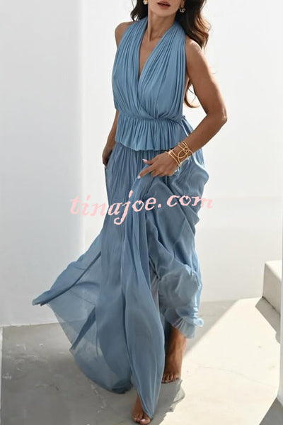 Pure Lightness Chiffon Pleated Halter Backless Top and Elastic Waist A-line Maxi Skirt Set