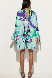 Micah Satin Unique Print Slit Tie-up Sleeve Shift Kaftan Mini Dress