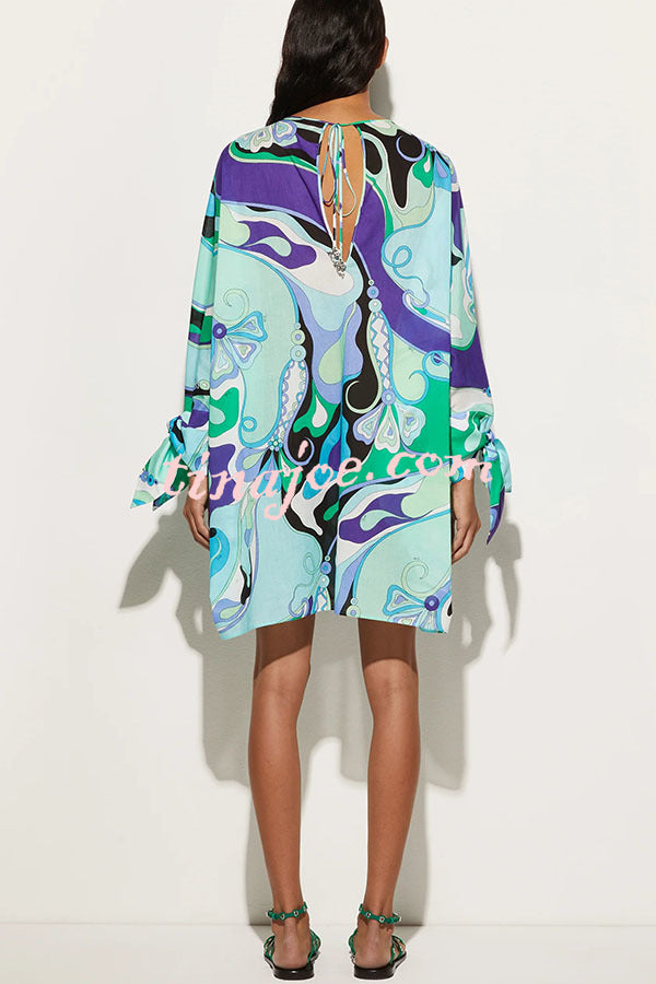 Micah Satin Unique Print Slit Tie-up Sleeve Shift Kaftan Mini Dress