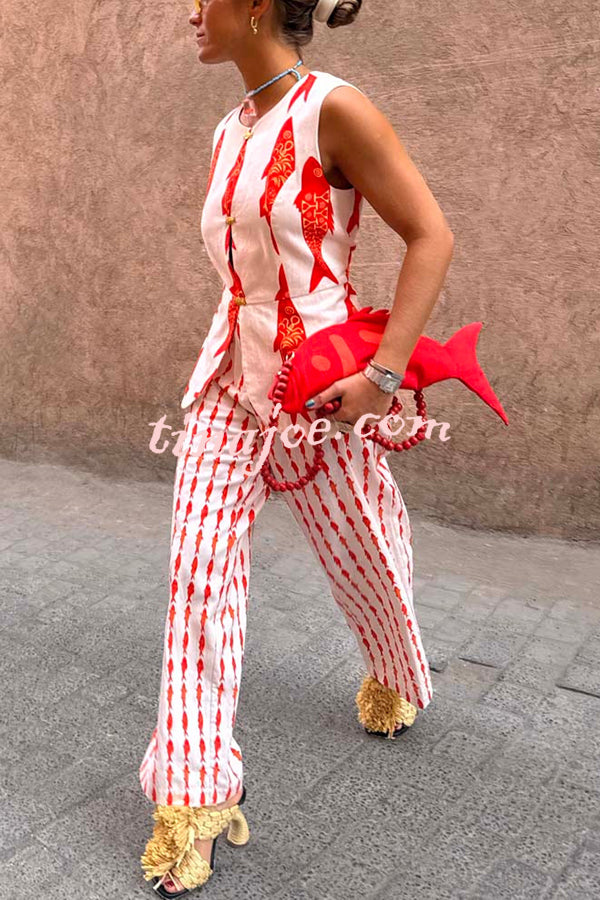 Good Luck Linen Blend Koi Pattern High Rise Elastic Waist Loose Pants