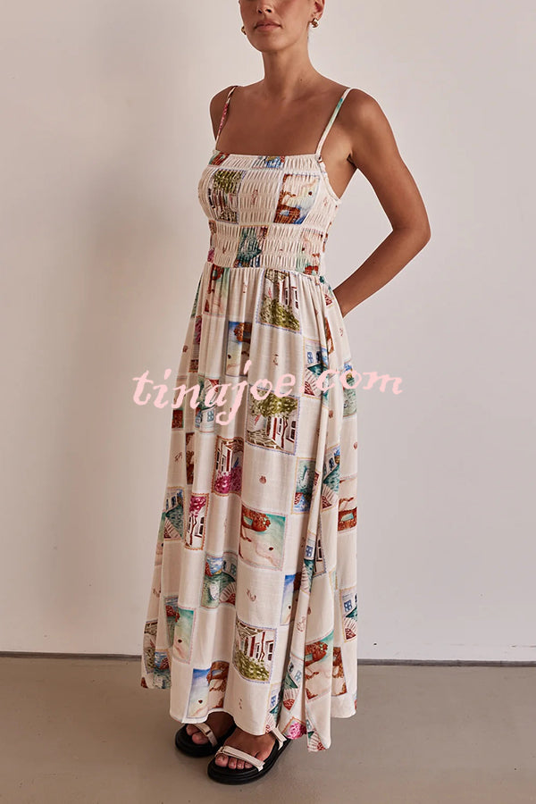 Unique Printed Sling Backless Elastic Pleated Maxi Dress