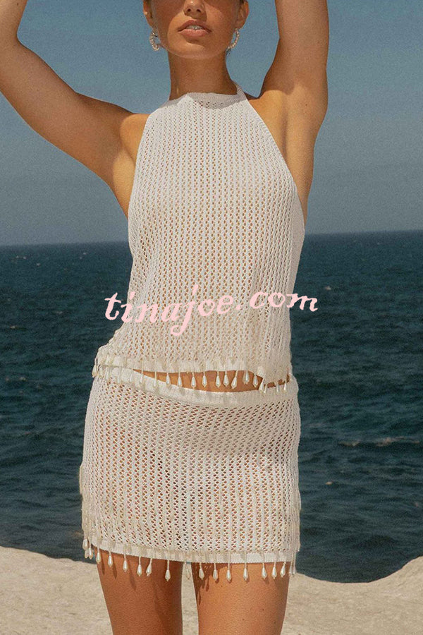 Fashion Knit Hollow Back Top and Embellished Fitted Stretch Beach Mini Skirt Set