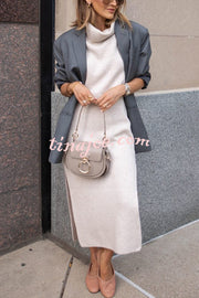 Book Club Knit Turtleneck Cap Sleeve Slit Sweater Midi Dress