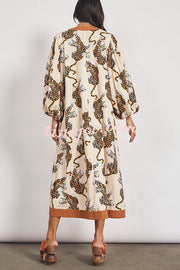 Bradley Linen Blend Color Block Cheetah Print Balloon Sleeve Pocketed Maxi Dress