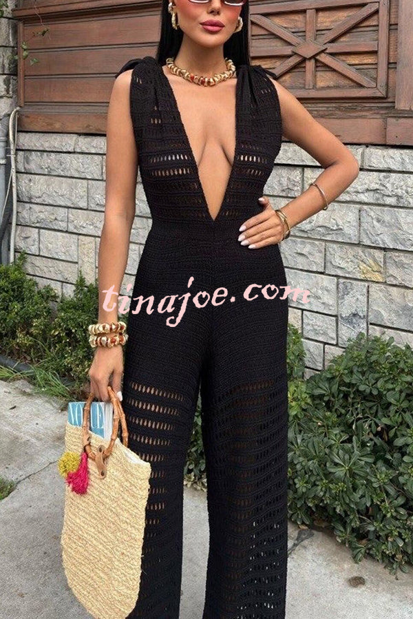 Solid Color Knitted V-neck Holiday Hollow Casual Jumpsuit