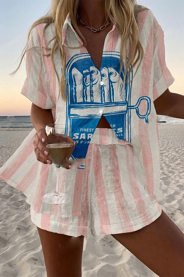 Sardines Can Print Loose Button Elastic Waist Shorts Set