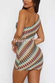 Playful Colorful Knitted Slim-fitting Offset Neck Stretch Mini Dress