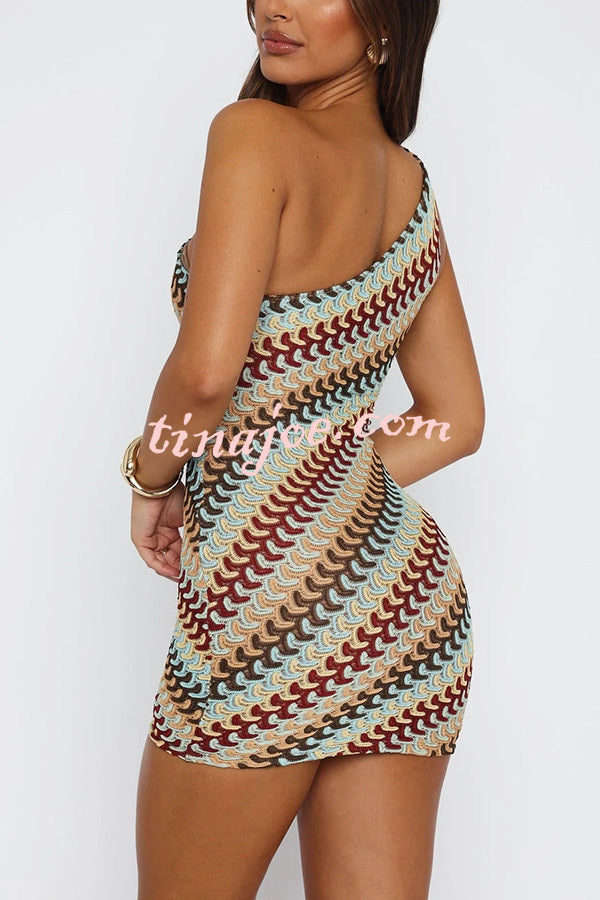 Playful Colorful Knitted Slim-fitting Offset Neck Stretch Mini Dress