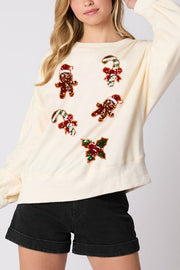 Christmas Gingerbread Man Sequin Casual Long Sleeve Sweatshirt