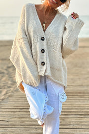 Solid Color Loose Long Sleeve V-neck Pocket Knitted Sweater Cardigan