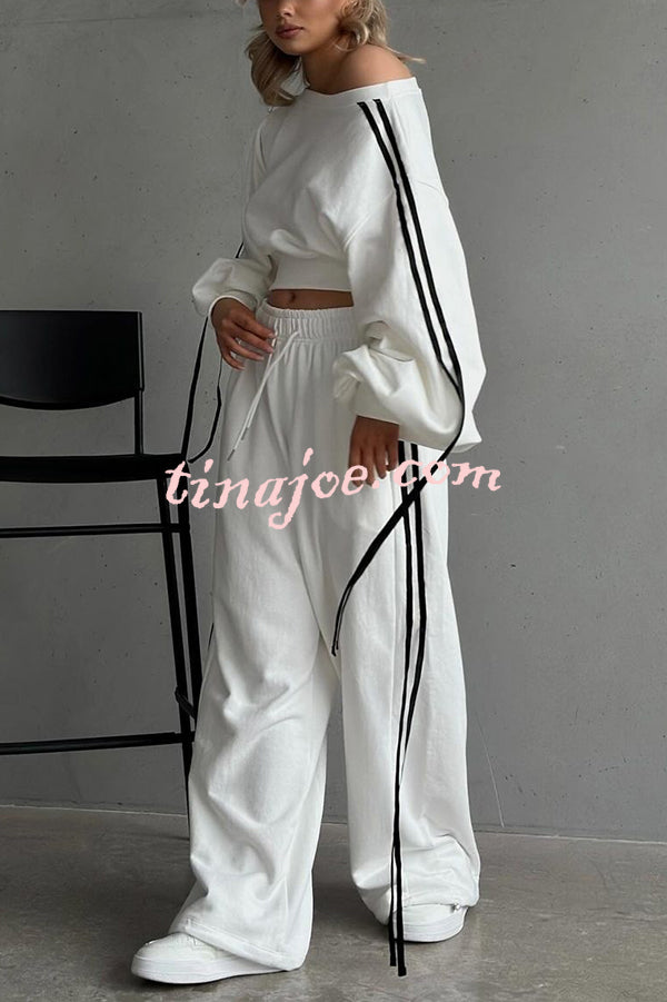 Contrast Color Webbing Casual Sweatshirt and Elastic Waist Tie Loose Pants Set