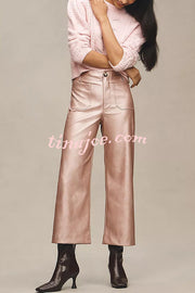 Colette Metallic Faux Leather Pocket Cropped Wide Leg Stretch Pants