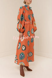 Linen Blend Unique Print Belted Single-breasted Casual Maxi Dress