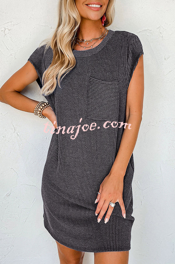 Casual Solid Color Striped Short-sleeved Pocket Mini Dress