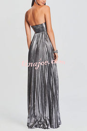 Metallic Sexy Tube Top Pleated High Slit Maxi Dress