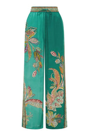 Somewhere Sunny Satin Botanical Print Elastic Waist Pocket Wide Leg Pants