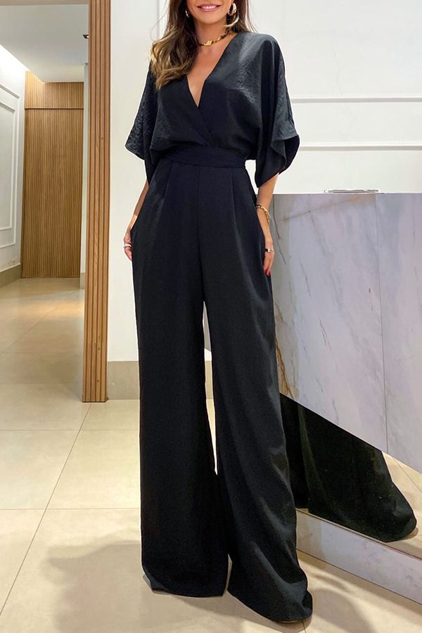 Esther Kimono Sleeve Elastic Waist Pocketed Wide Leg Jumpsuit