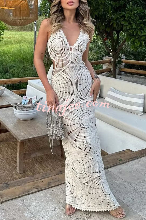 On Vacay Time Crochet Lace Cutout Waist Coverup Stretch Maxi Dress