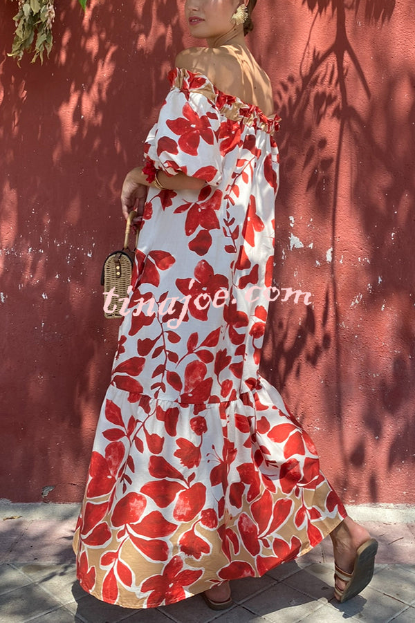 Floral Print Off-The-Shoulder Puff Sleeve Loose Holiday Maxi Dress