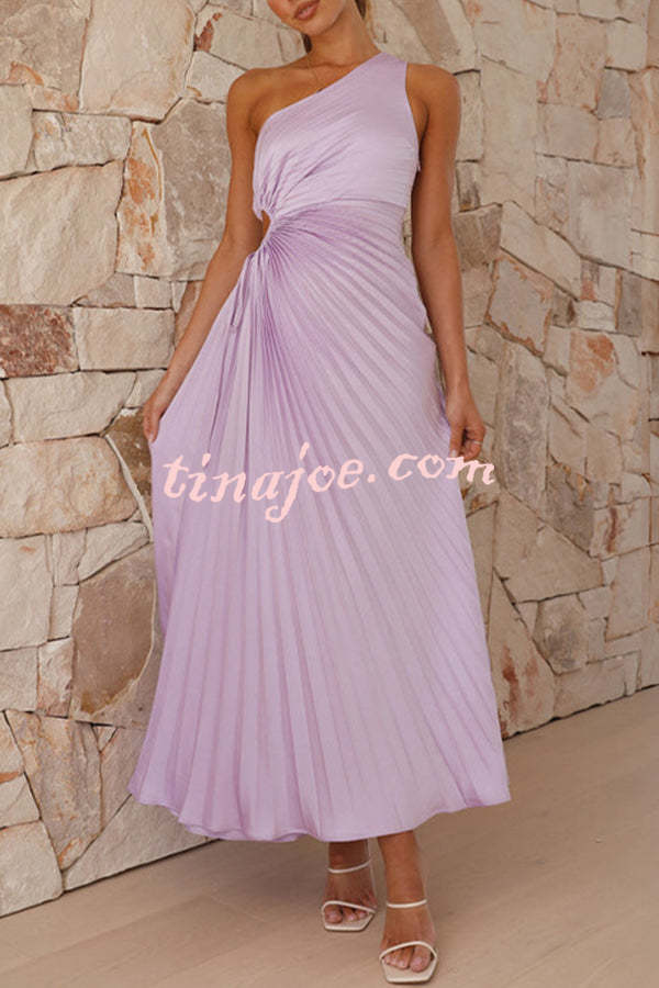 Charming One Shoulder Lace Up Cutout Pleated Maxi Dress