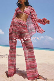 Beach Style Knit Unique Print Long Sleeve Kimono Shirt and Stretch Wide Leg Pants Set