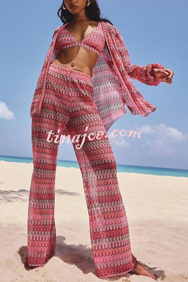 Beach Style Knit Unique Print Long Sleeve Kimono Shirt and Stretch Wide Leg Pants Set