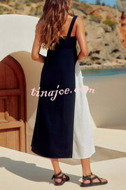 Simple and Stylish Contrast Color Sling Back Smocked Maxi Dress