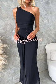 Solid Color Elegant Mesh One Shoulder Sexy Waist Hollow Out Maxi Dress