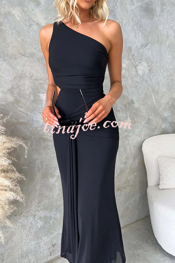 Solid Color Elegant Mesh One Shoulder Sexy Waist Hollow Out Maxi Dress