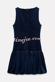 Solid Velvet Bow Embellished Sleeveless Mini Dress