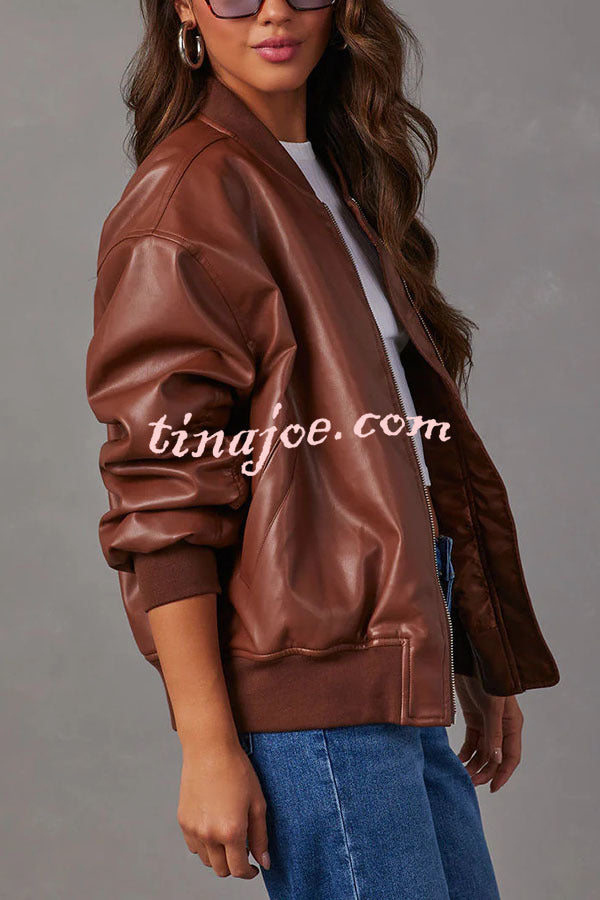 Solid Color Long Sleeve Loose Pocket Leather Jacket