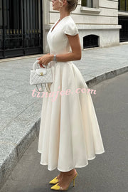 Solid Color V-neck Waist Elegant Full Hem Maxi Dress