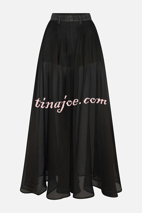 Avant-garde Fashion Denim Flowing Organza Patchwork Pocketed Wide Leg Jeans