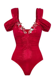 Solid Color Shiny Fabric Deep V Metal Embellished Stretch One-piece Swimsuit