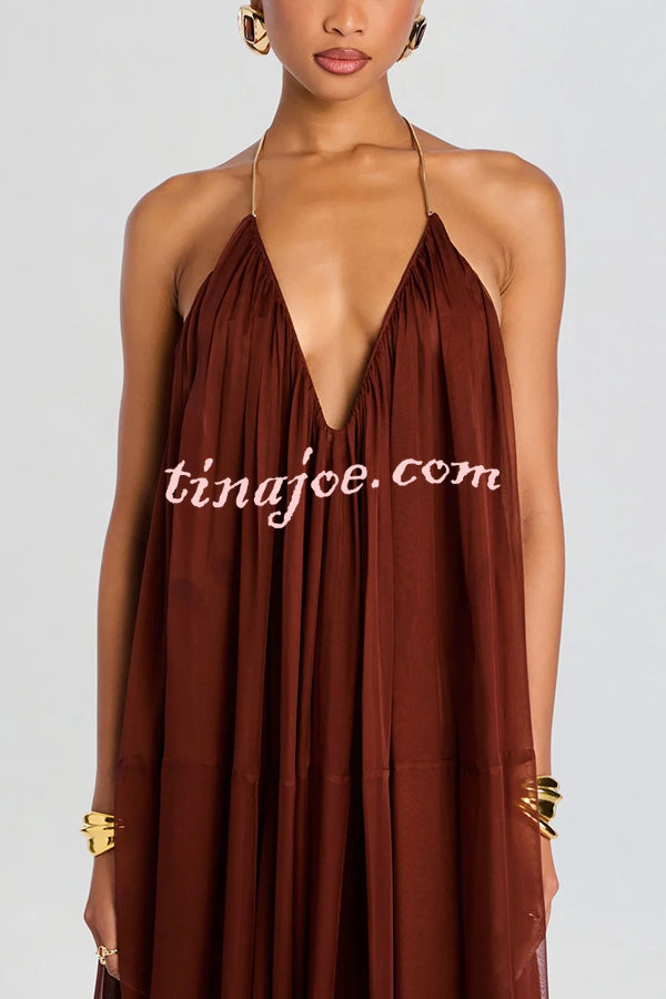 Flowing Lightweight Chiffon Chain Halter Neck Detail Backless A-line Maxi Dress