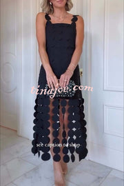 Best Dance Laser Cut Circle Embroidery Square Neck Tassle Trim Midi Dress